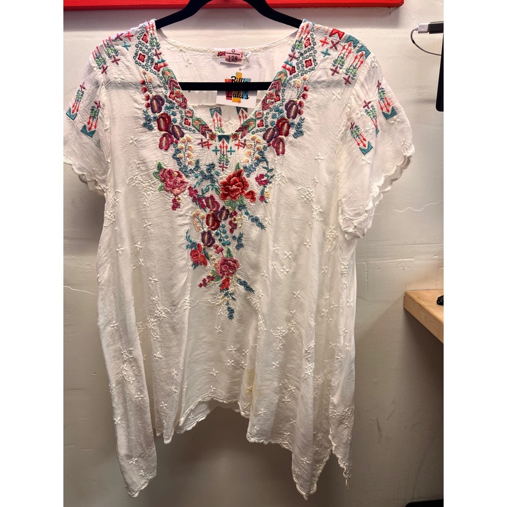 Johnny Was White Sheer Heavily Embroidered Blouse